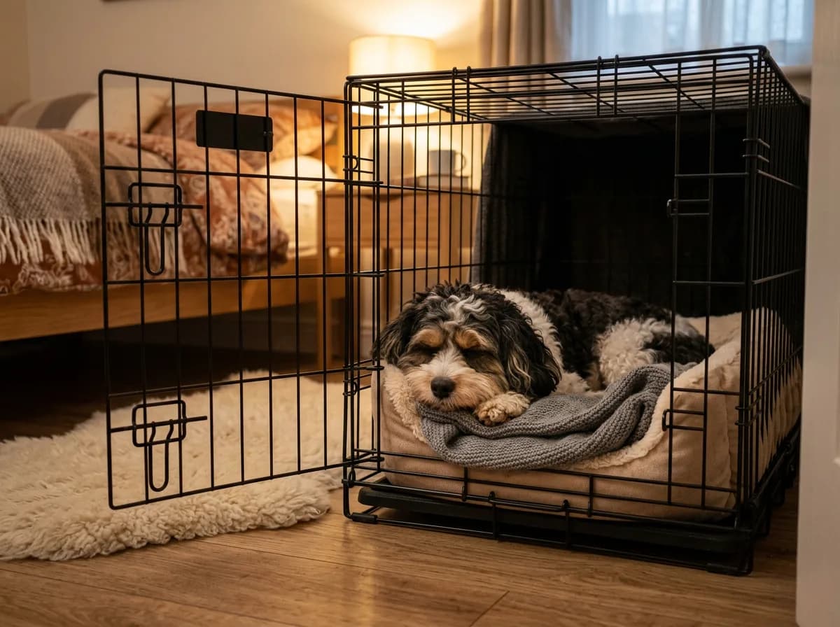 Tricolor Cavapoo resting calmly inside an open crate lined with a soft bed in a warmly lit bedroom, illustrating crate training