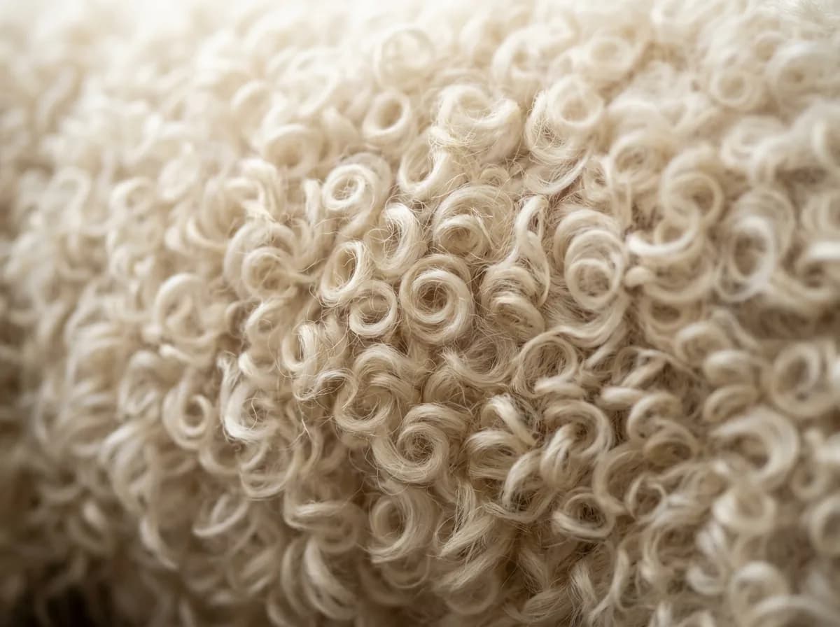 Macro close-up of a Cavapoo's tight curly cream-colored low-shedding coat showing dense springy ringlets