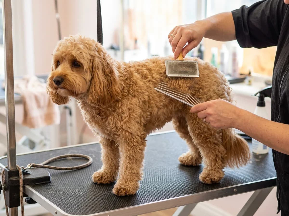 Apricot Cavapoo being brushed with a slicker brush on a grooming table, its wavy coat combed through
