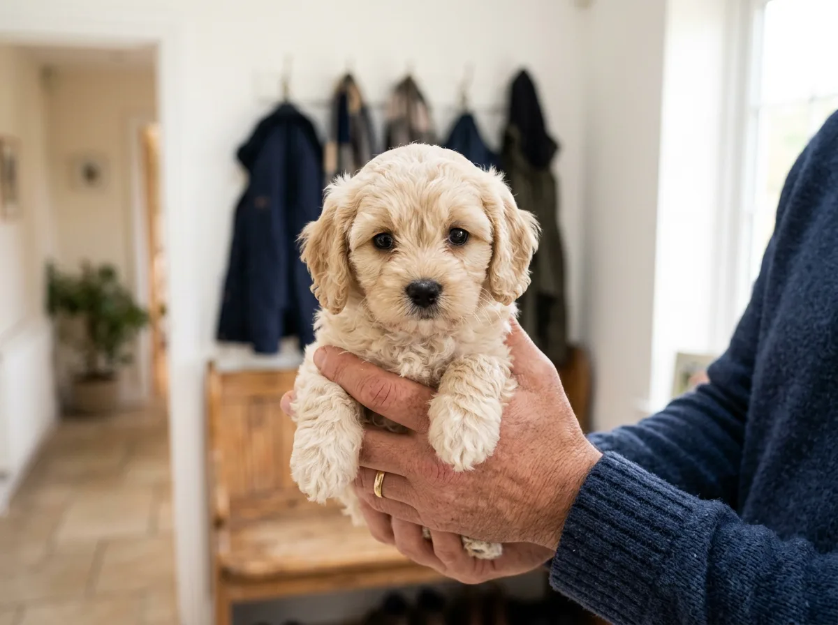 Small cream Cavapoo puppy held gently in two cupped hands in a bright entryway, illustrating a breeder handover