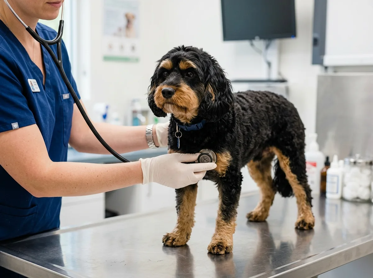 Veterinarian using a stethoscope to check the heart of a black-and-tan Cavapoo on a stainless-steel exam table