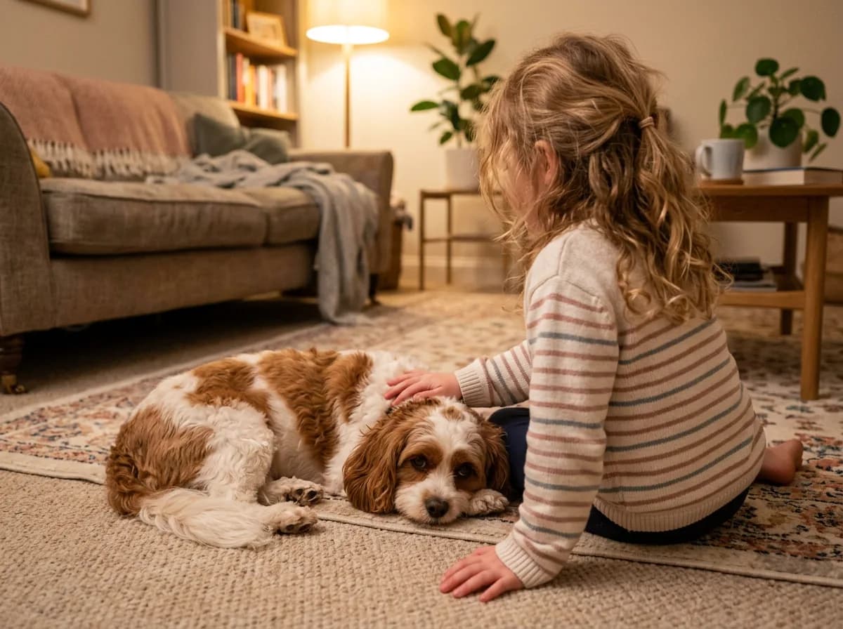 Blenheim Cavapoo with white and chestnut markings lying calmly on a carpet beside a young child gently petting it in a warm lamp-lit room