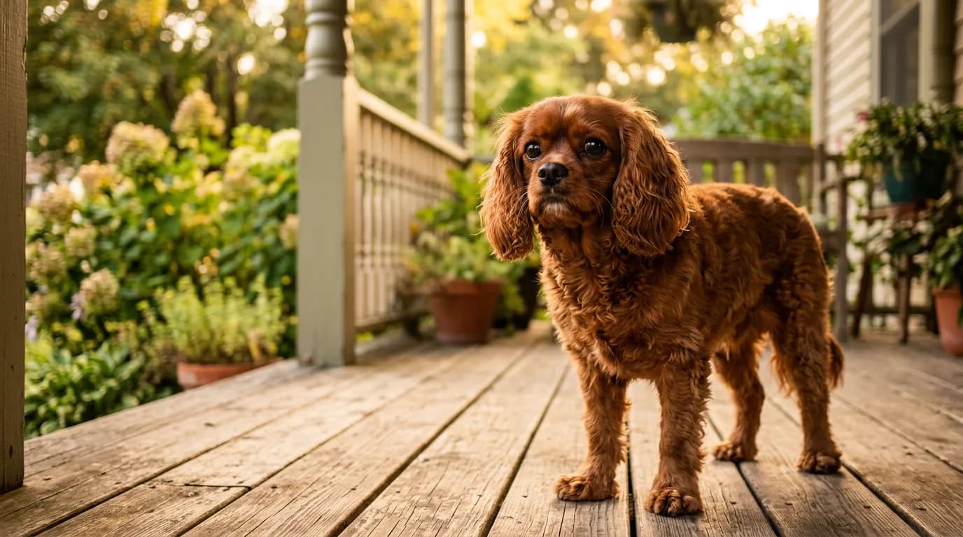 Ruby Cavapoo with a wavy red coat and floppy ears standing on a sunlit wooden front porch in golden evening light
