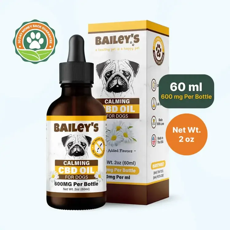 Bailey's Calming CBD Oil bottle and box showing the 600 mg, 60 mL format