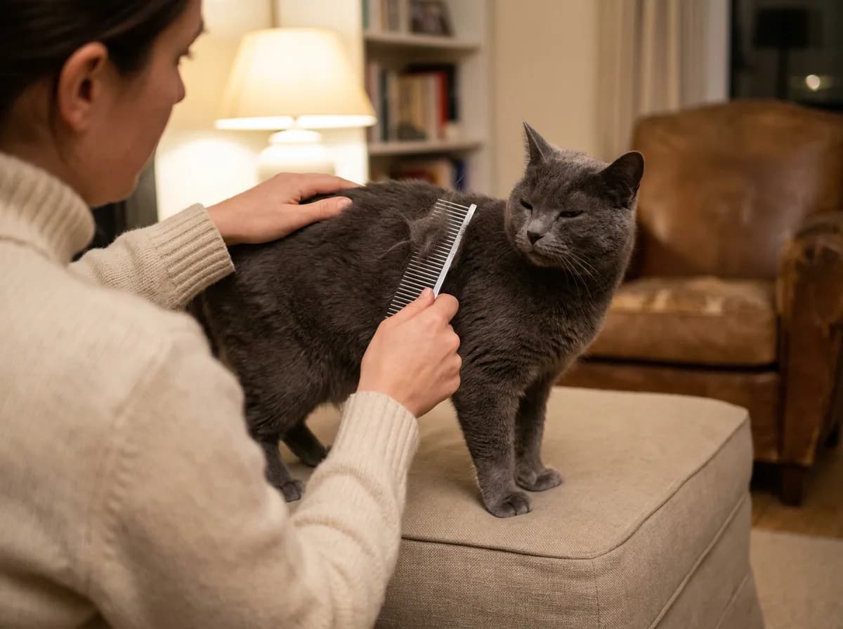 Person combing the dense blue-grey coat of a Chartreux standing on an ottoman in a lamp-lit living room