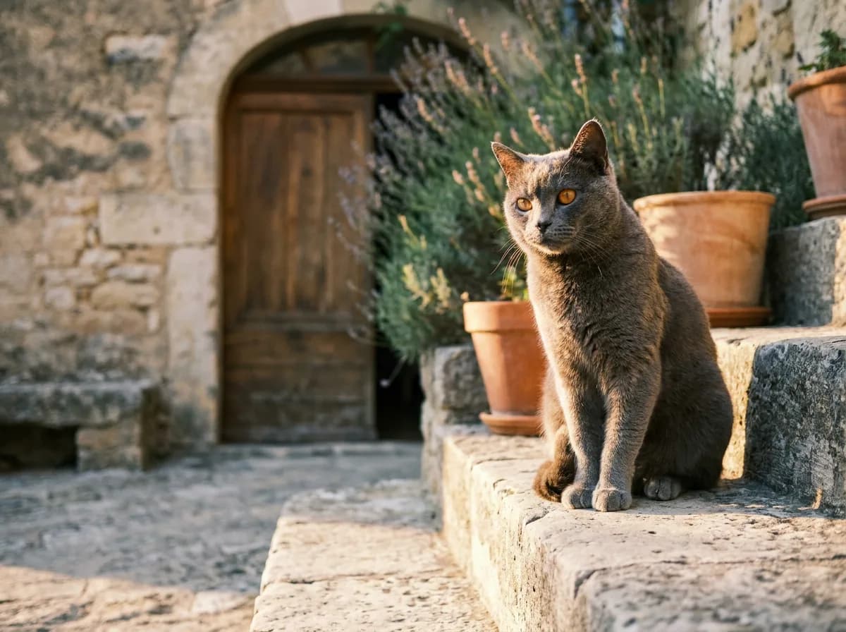 Blue-grey Chartreux cat with copper eyes sitting on old stone steps beside lavender in a sunlit French courtyard