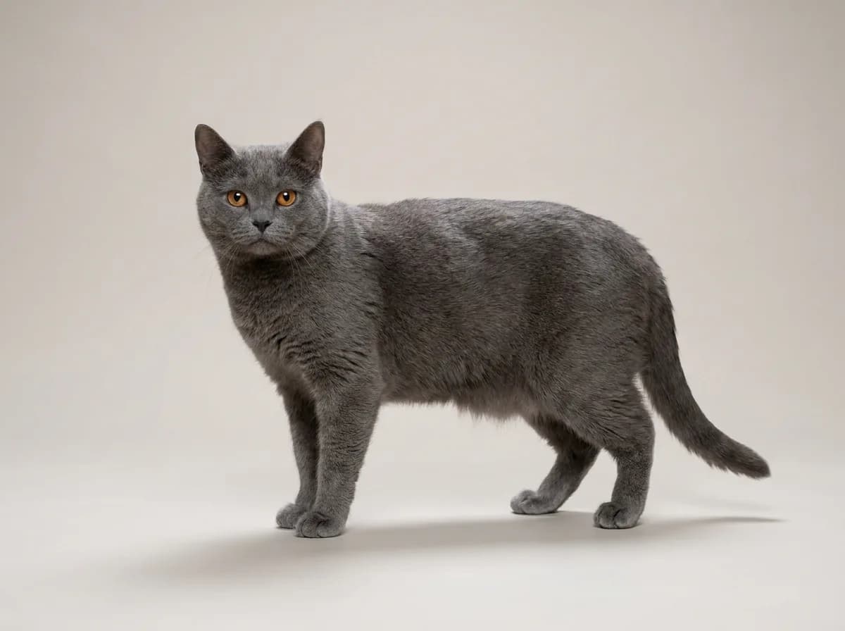 Side view of an adult blue-grey Chartreux standing on a plain studio backdrop, showing its stocky body, fine legs and copper eyes
