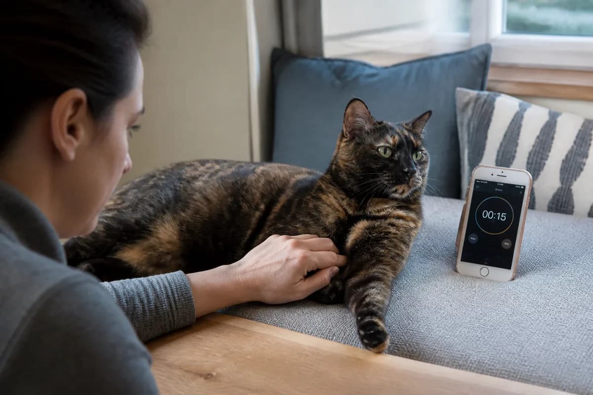 An owner checking a tortoiseshell cat's heartbeat at home beside a phone timer