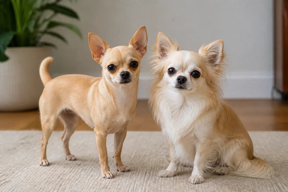 Smooth-coat and long-coat Chihuahuas side by side with full body and coat texture visible