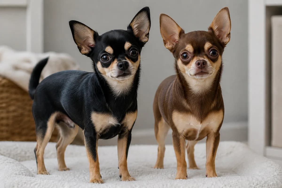 Black-and-tan and chocolate-and-tan adult Chihuahuas in neutral daylight
