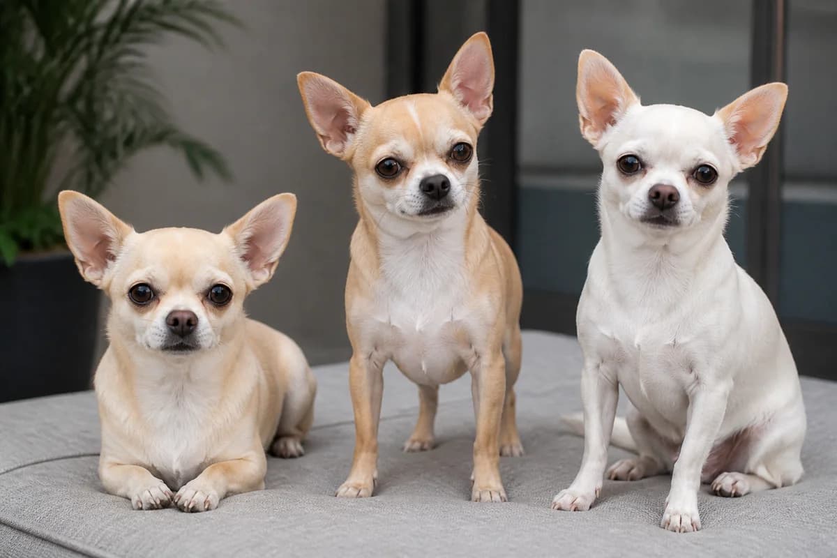 Fawn, cream and white adult Chihuahuas in neutral daylight