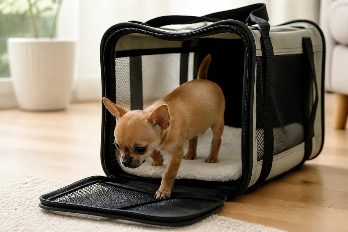 Chihuahua puppy calmly entering a secure correctly sized soft carrier