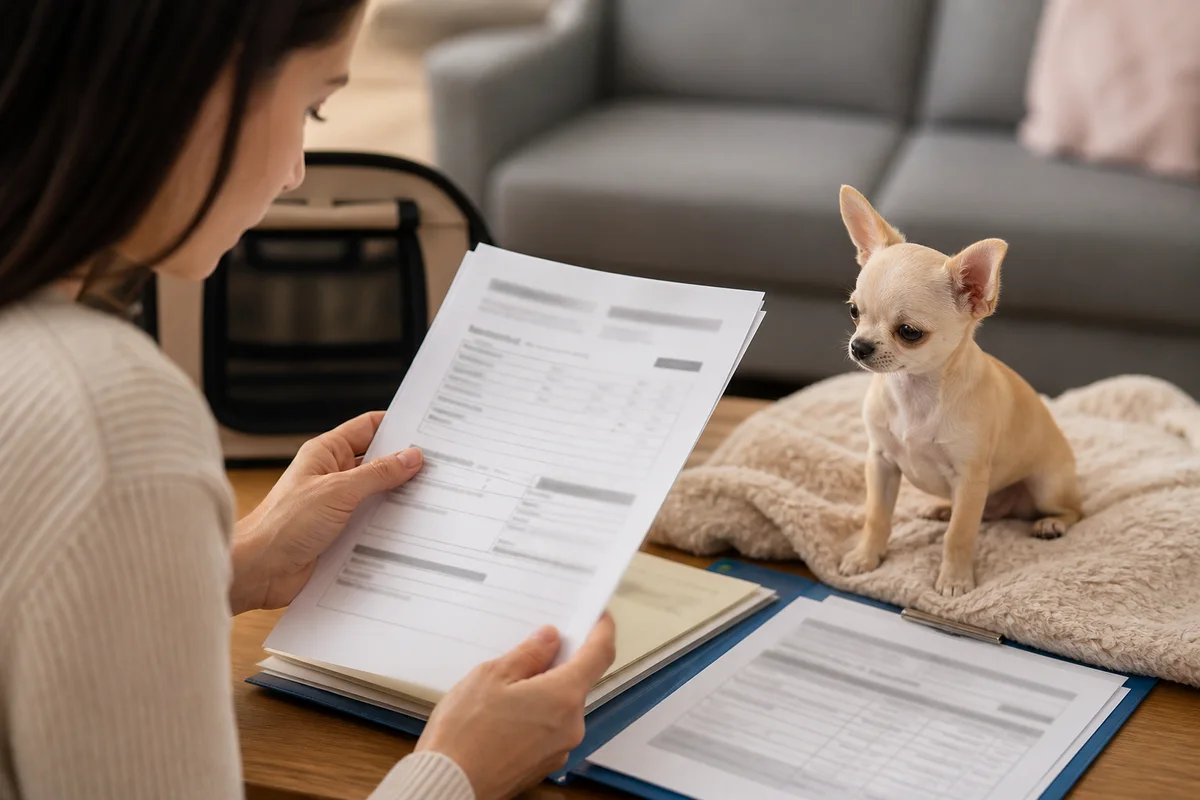 Buyer reviewing veterinary records, screening results and a contract with private details obscured