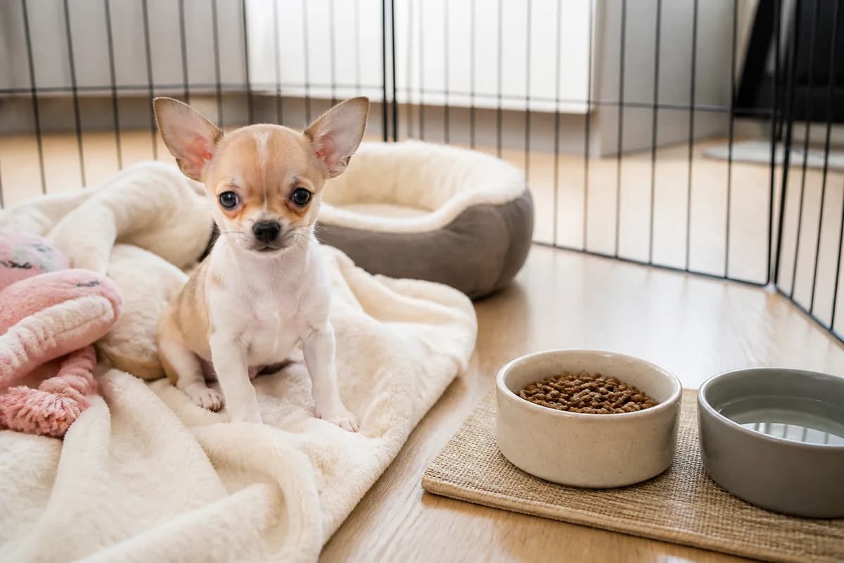 Quiet Chihuahua puppy setup with playpen, feeding area, blanket and safe toy