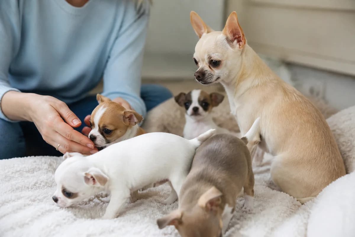 Chihuahua puppies moving naturally during an in-person visit with their dam present