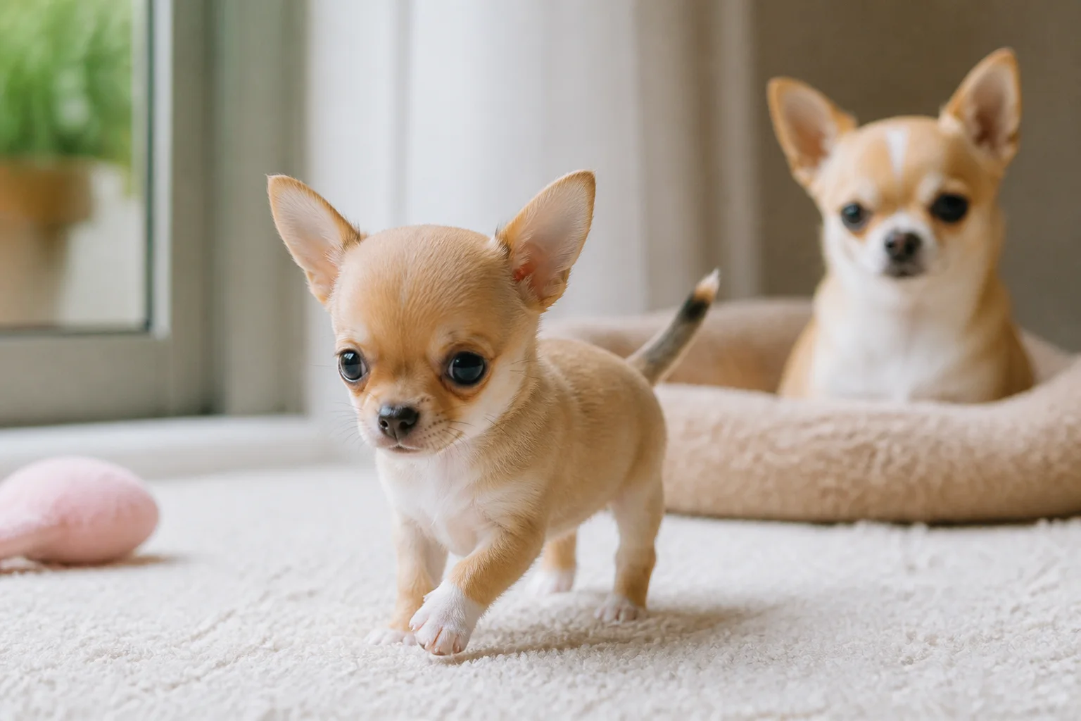 Healthy Chihuahua puppy exploring a responsible home setting with its adult dam visible in the background