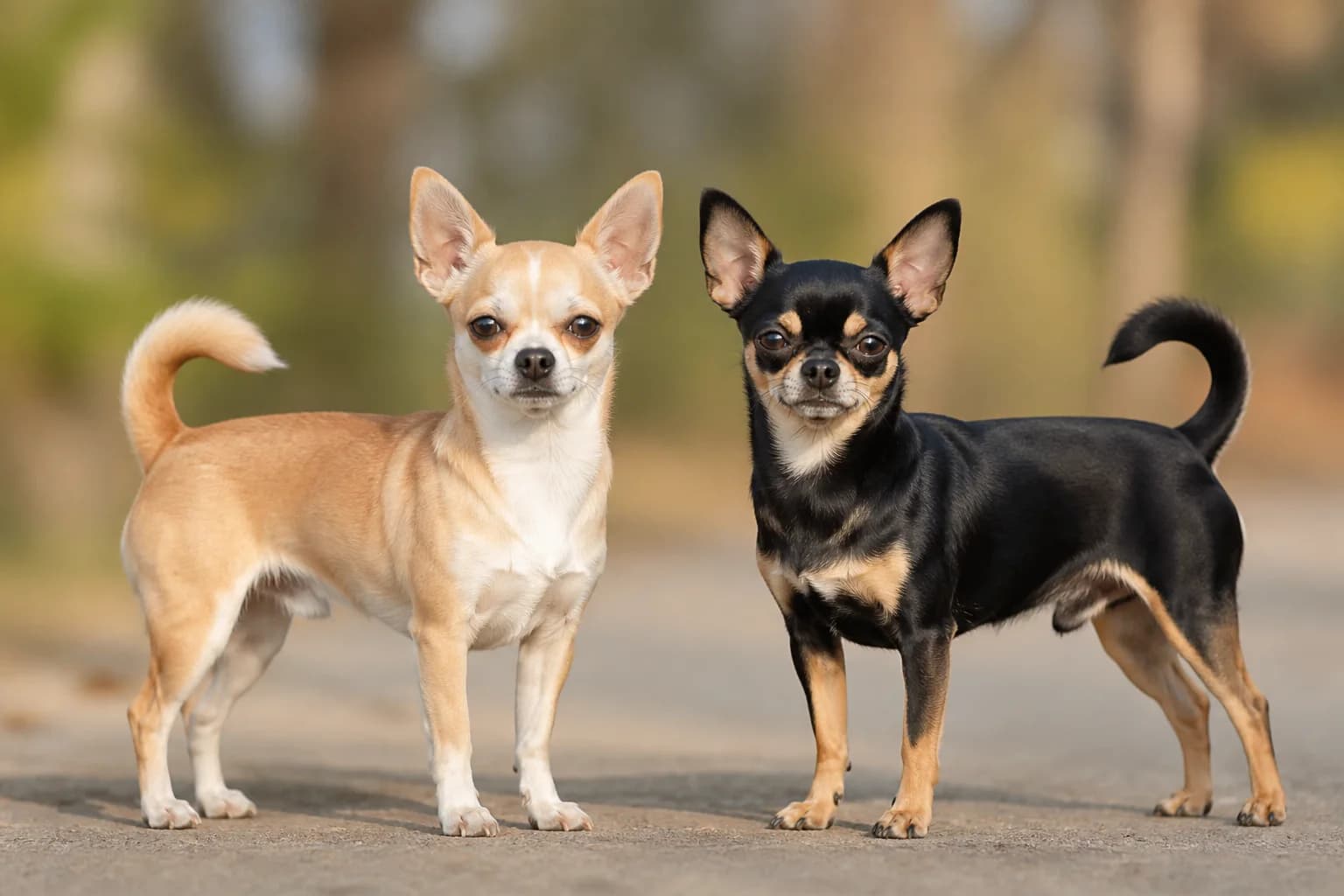 Adult male and female Chihuahuas standing side by side in natural profile on the same level surface