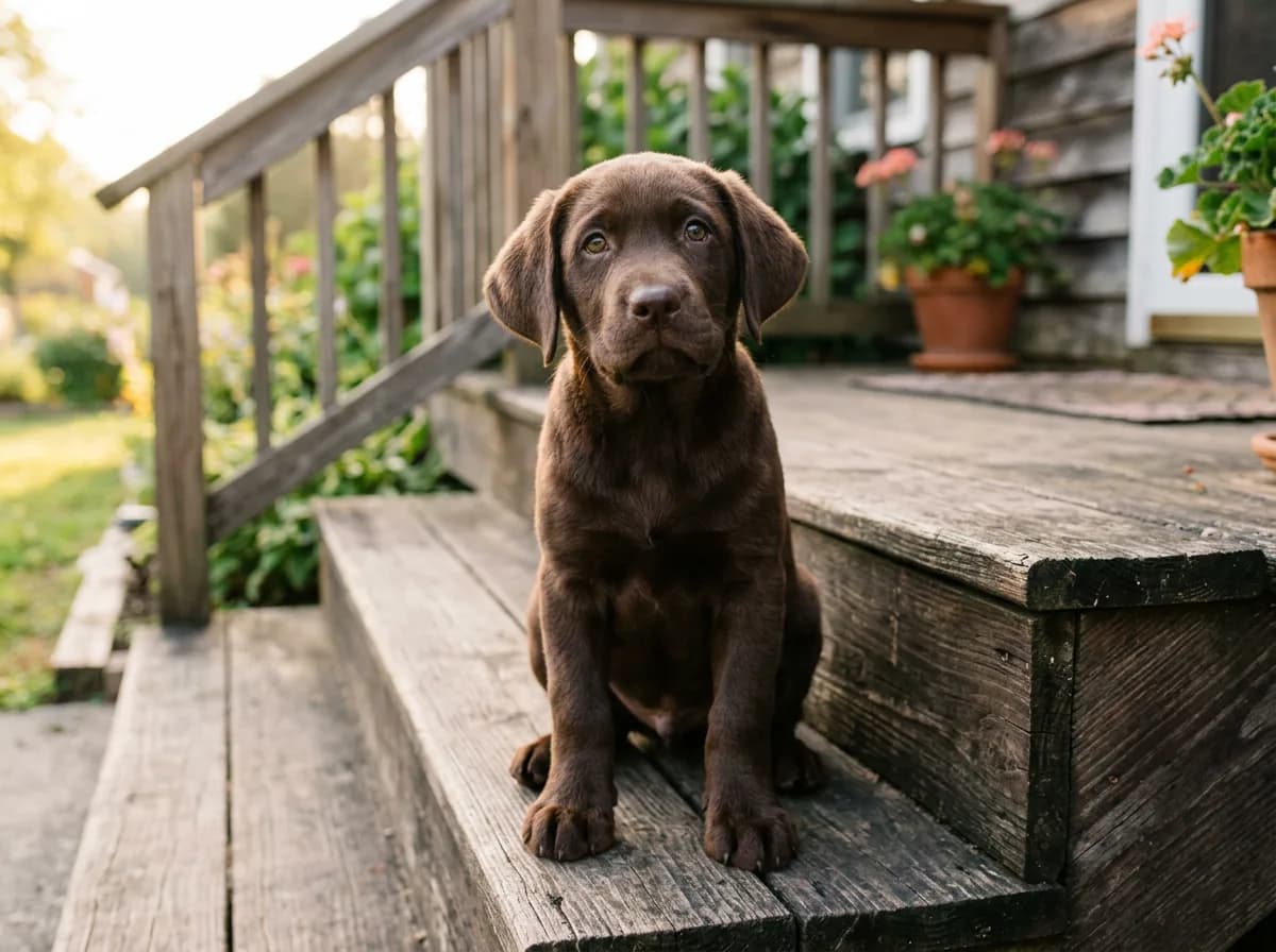 a single chocolate Labrador puppy sitting alertly on a wooden porch step looking up at the camera, floppy ears and oversized paws, soft warm morning l