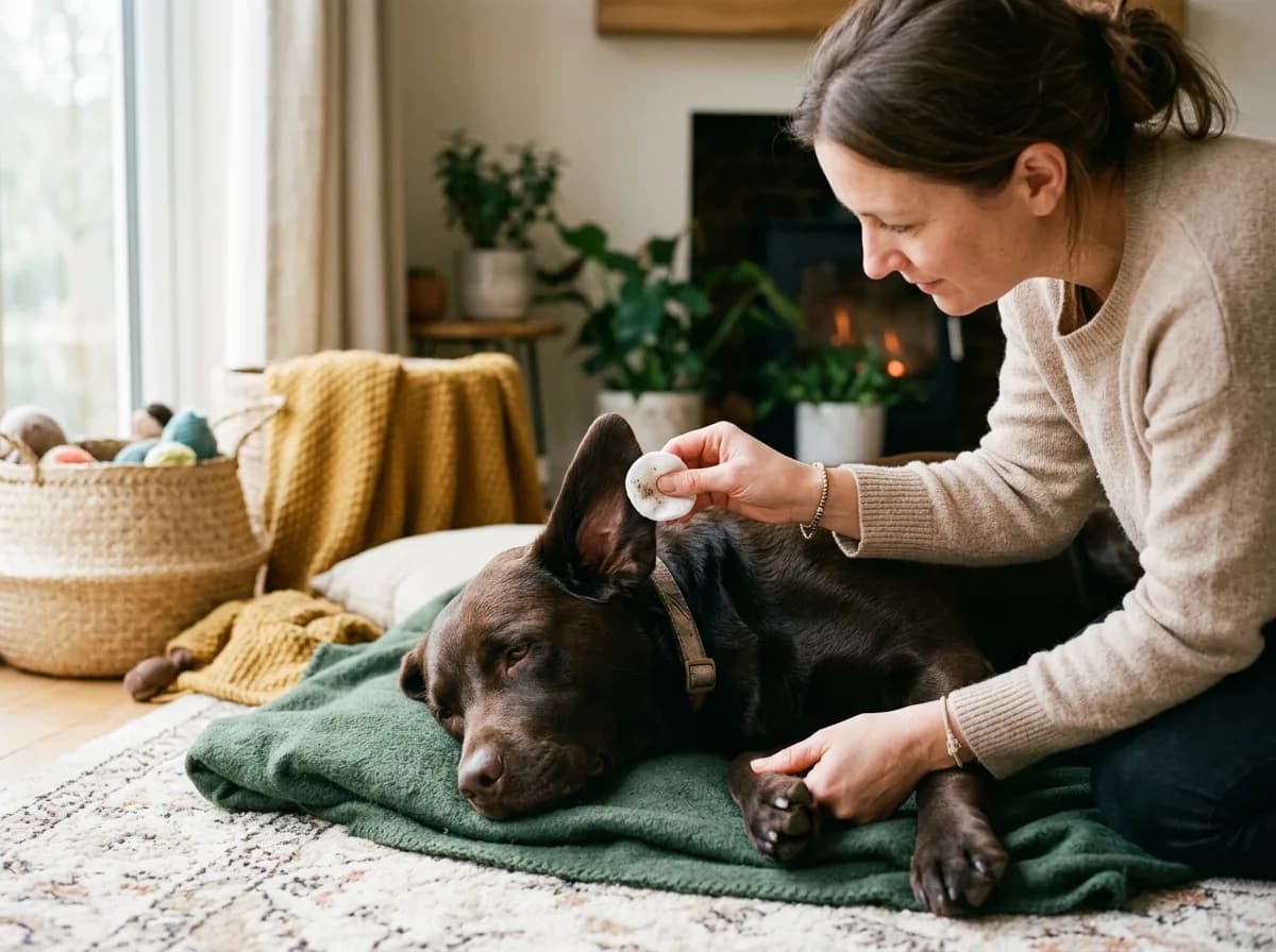 a chocolate Labrador lying calmly on its side while an owner gently checks and wipes its floppy ear with a cotton pad, cozy home setting, soft natural