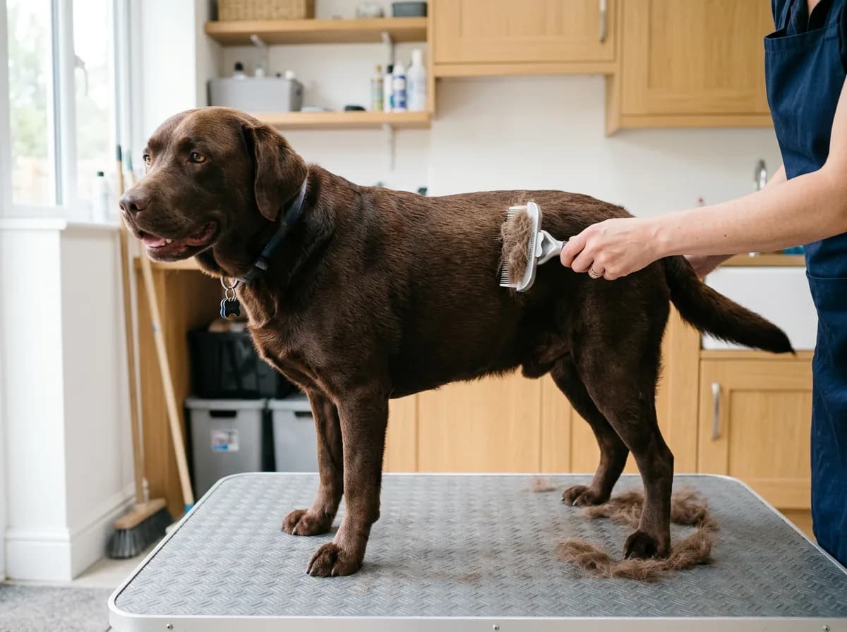 a chocolate Labrador being brushed with a de-shedding tool on a grooming mat, loose fur visible in the tool, dog standing patiently, clean bright util