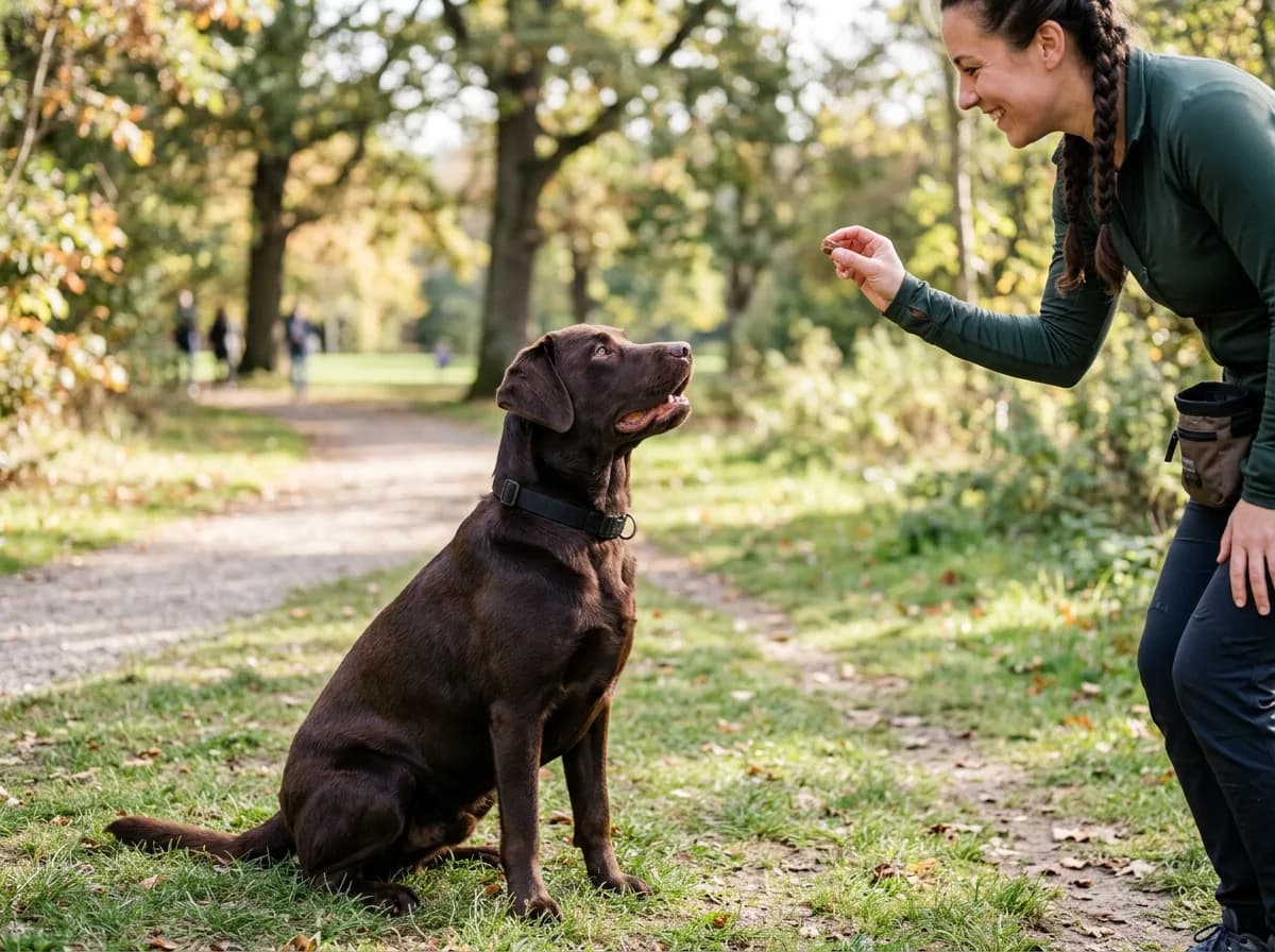 a chocolate Labrador in a training session sitting attentively and making eye contact with a handler who holds a treat, focused and eager expression, 