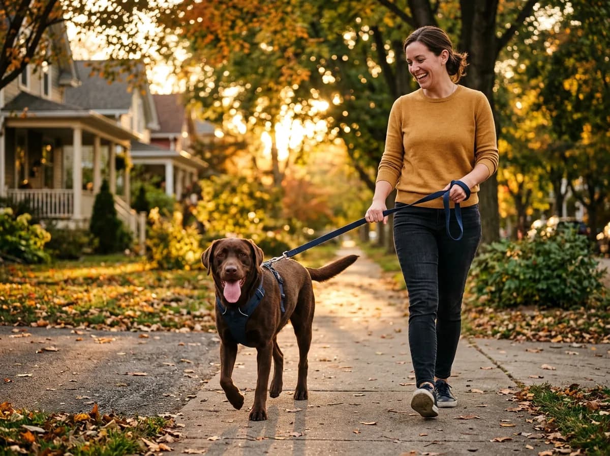 a happy chocolate Labrador walking on a leash beside its owner on a tree-lined neighborhood sidewalk at sunset, tongue out and relaxed gait, warm gold
