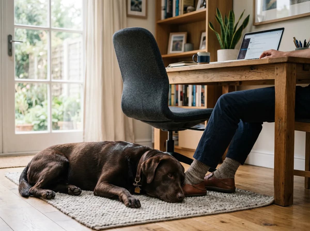 a calm chocolate Labrador lying relaxed at the feet of a person working at a desk, content and settled, quiet home office setting, soft diffused dayli