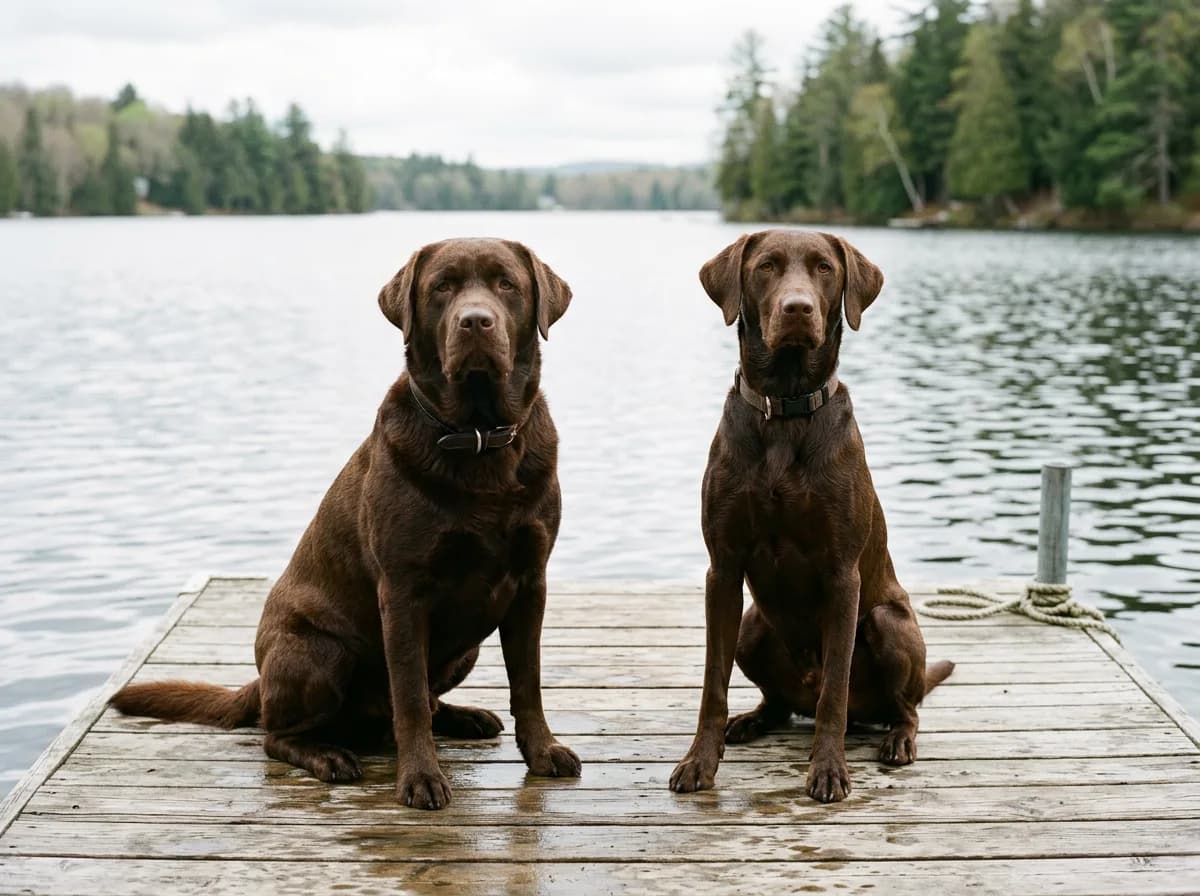 two chocolate Labradors side by side on a wooden dock by a lake, one stockier English type and one leaner athletic field type, showing the build diffe