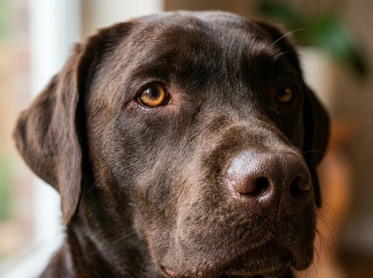 a close-up macro shot of a chocolate Labrador's face showing the distinctive brown nose, brown eye rims, and warm amber eyes, shallow depth of field, soft 