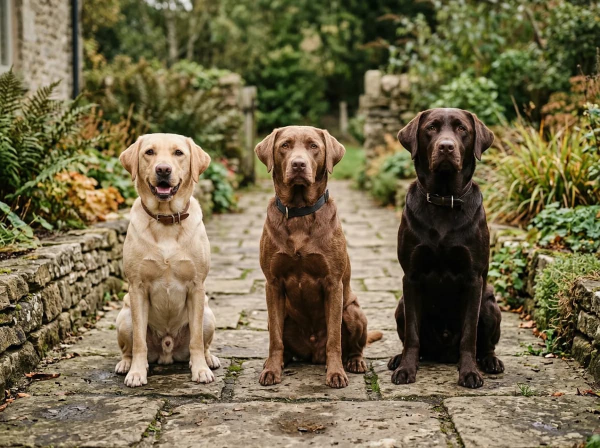 three chocolate Labradors of different shades lined up outdoors on a stone path, one light cafe-au-lait, one medium liver, one deep dark-chocolate, showing