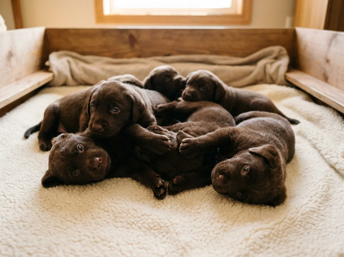 a litter of chocolate Labrador puppies tumbling together on a soft blanket in a whelping pen, eyes just open, chubby and playful, warm indoor light from ab