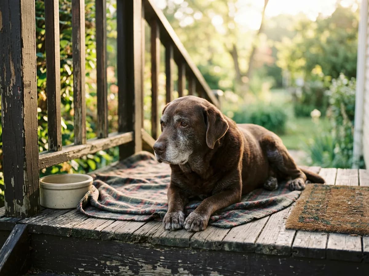 a dignified senior chocolate Labrador with a graying muzzle resting on a porch, calm and content expression, soft late-afternoon backlight, shallow depth o