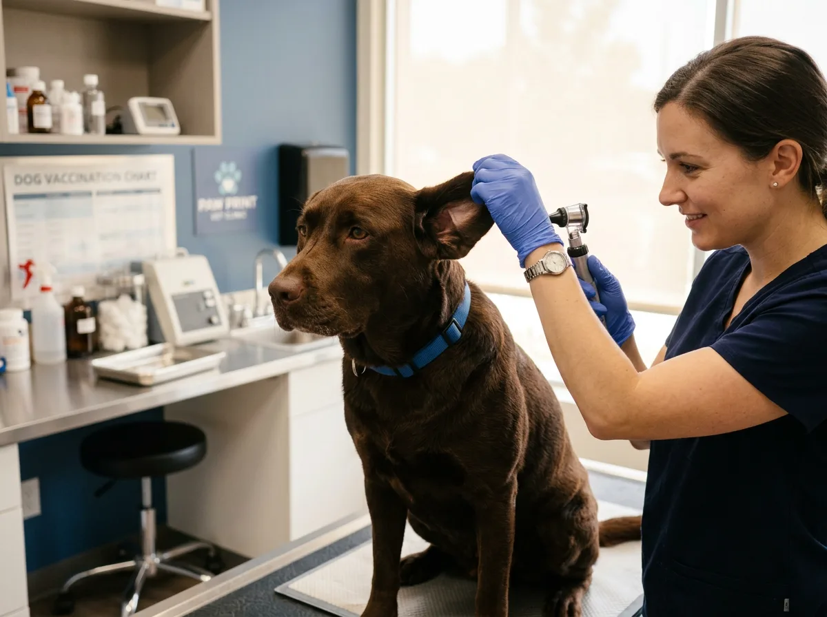 a chocolate Labrador at a veterinary clinic having its ear gently examined by a vet's gloved hands, calm dog, clean modern exam room, documentary style, wa