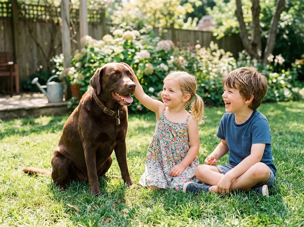 a chocolate Labrador gently playing with two laughing children in a sunny backyard, dog sitting patiently as a small child pets its head, candid family mom