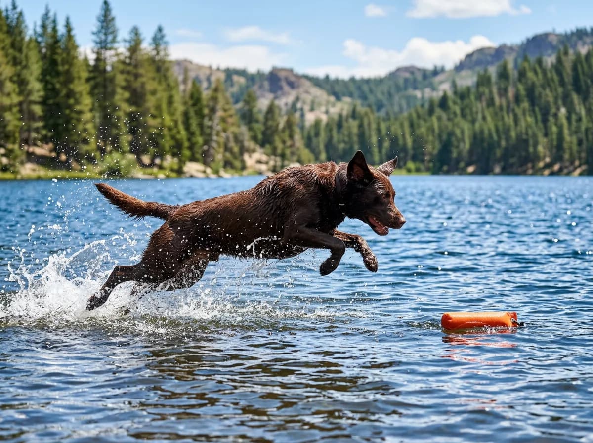 a chocolate Labrador mid-leap splashing into a lake to retrieve a floating toy, water spraying dramatically, athletic and joyful, bright sunny day with spa