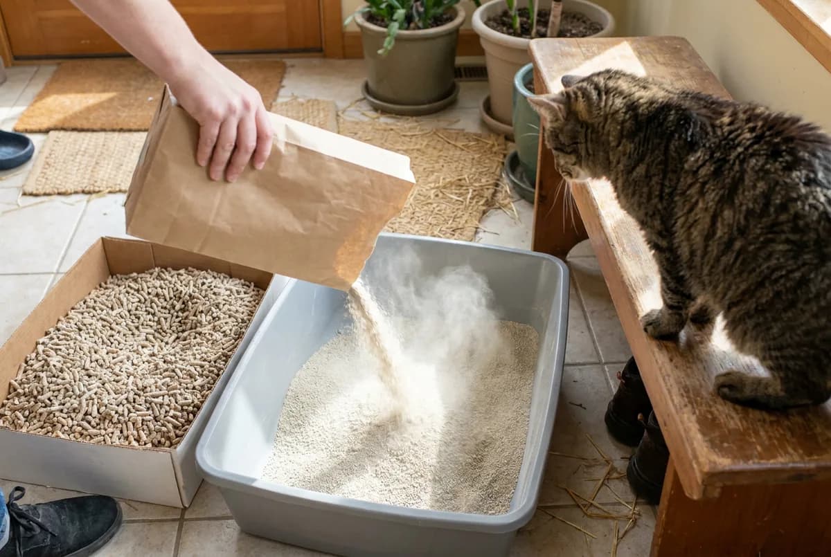 Owner pouring fresh litter from a paper bag into a tray with a cloud of dust rising, a tabby cat watching from a bench