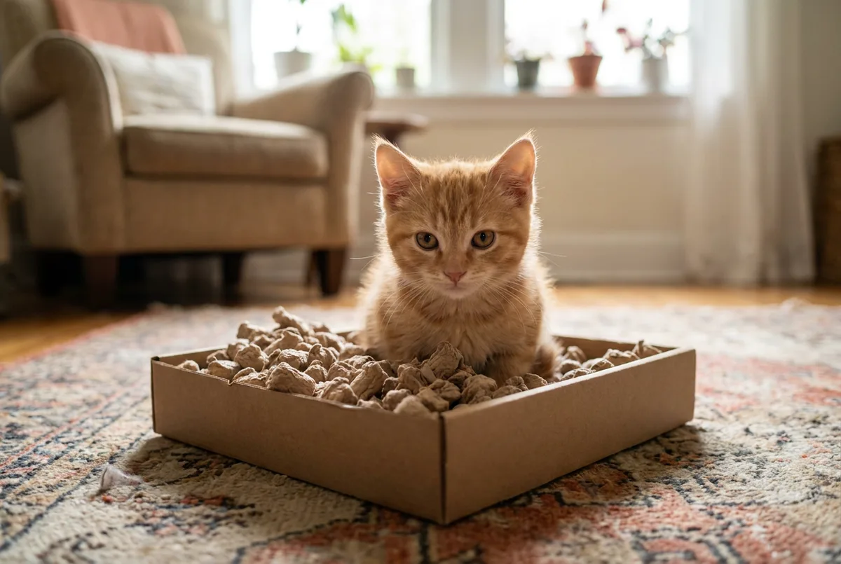 Orange kitten sitting in a shallow cardboard tray filled with paper pellet litter on a living room rug