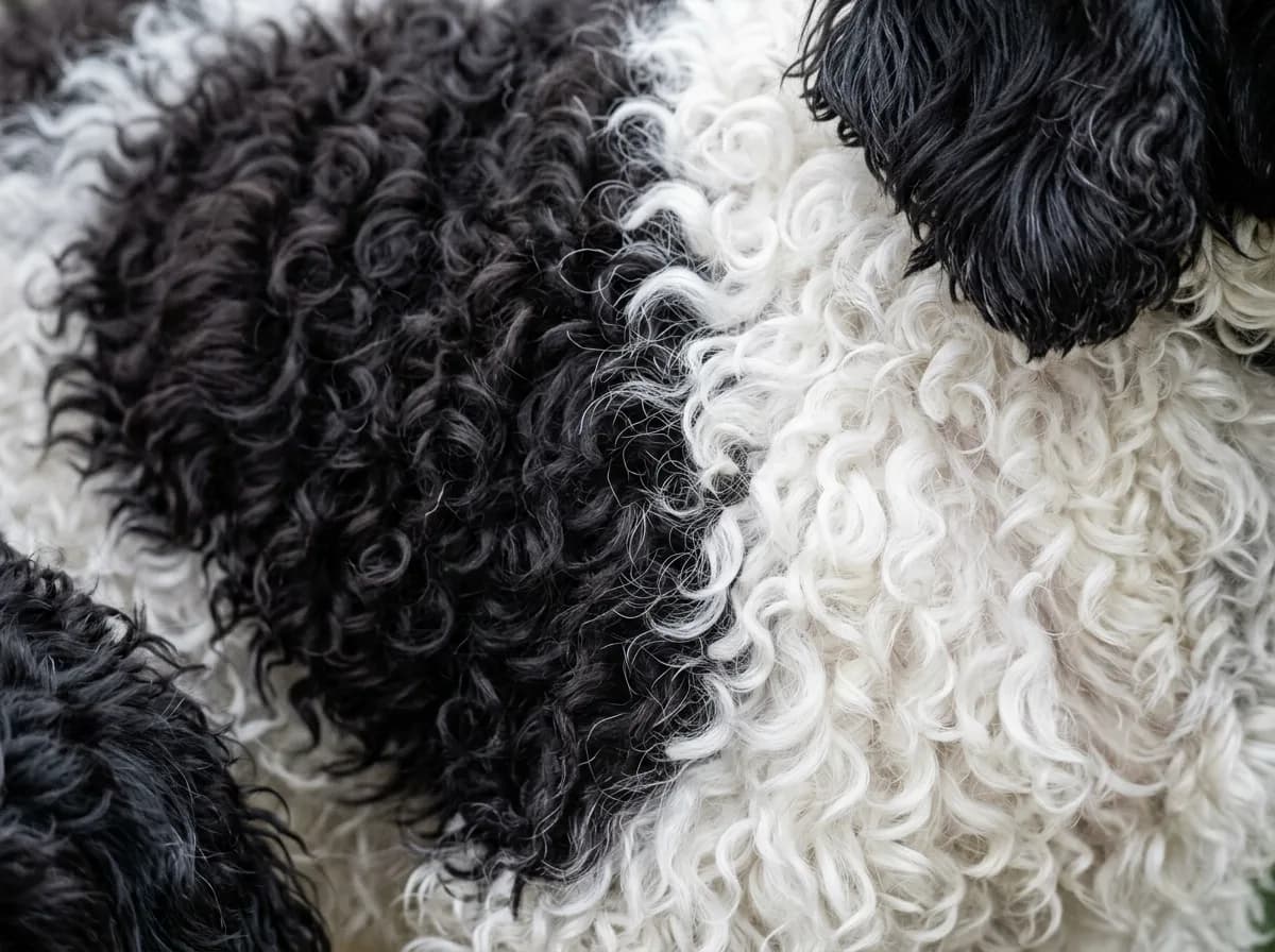 Extreme close-up of a black-and-white parti cockapoo's tight curly low-shedding coat texture