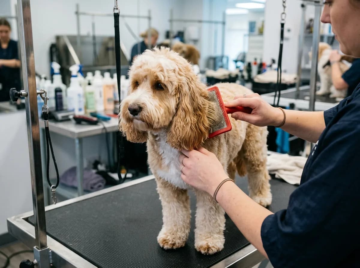 An apricot-and-white cockapoo standing on a grooming table being brushed with a red slicker brush by a groomer