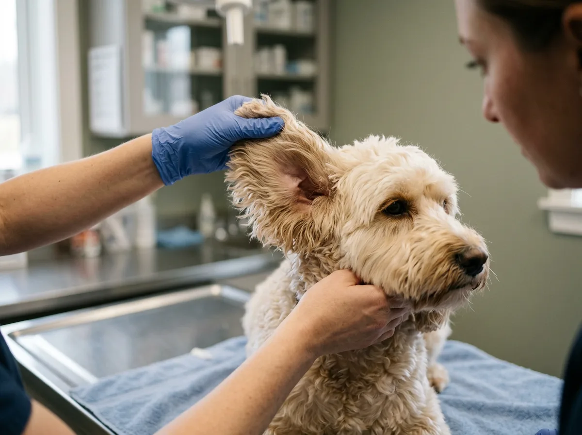 A person gently examining the floppy ear of a calm cream cockapoo in a veterinary exam room