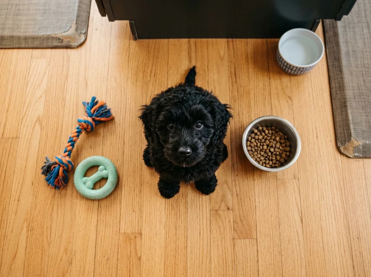 Overhead view of a small black cockapoo puppy sitting beside a food bowl and chew toys on a kitchen floor