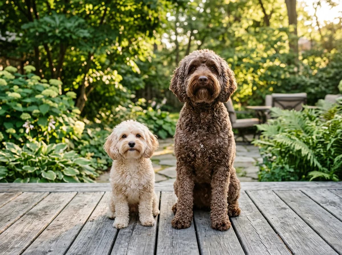 A small cream toy cockapoo sitting beside a larger curly chocolate maxi cockapoo on a wooden deck, showing the breed's size range