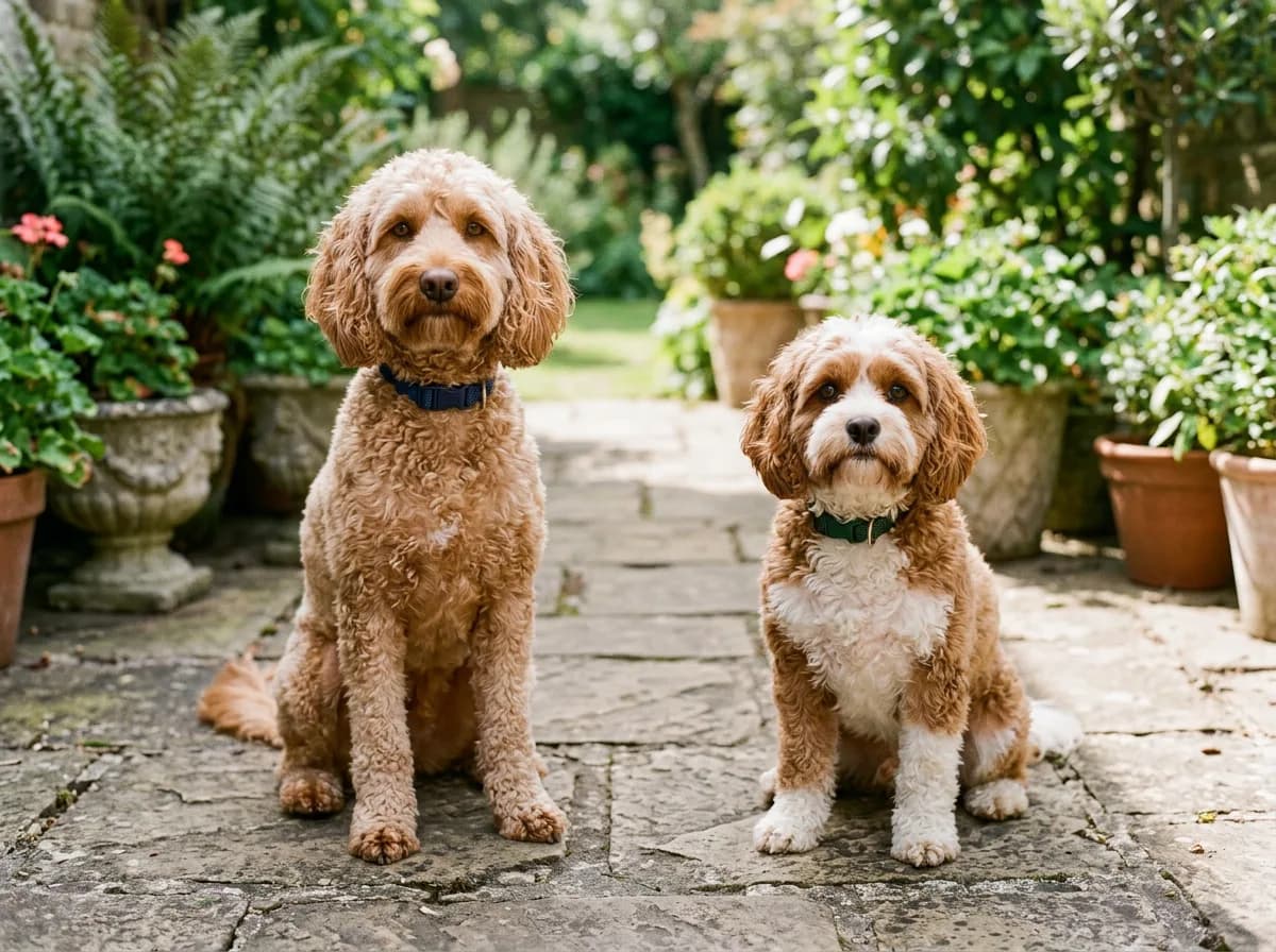 A sporty apricot cockapoo sitting beside a smaller chestnut-and-white cavapoo on a stone patio for comparison