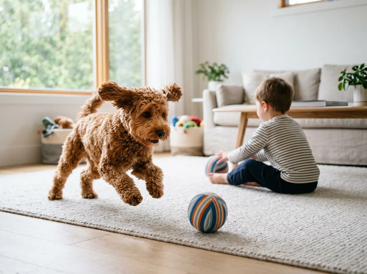 A red wavy-coated cockapoo bounding after a ball being rolled by a child on a living room floor