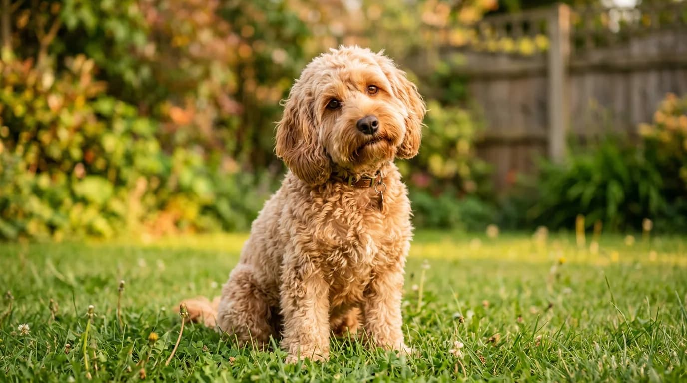 An apricot cockapoo with a soft curly coat sitting on a backyard lawn in golden evening light