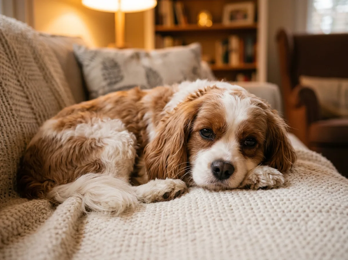 A chestnut-and-white Cavapoo resting calmly curled on a cream sofa cushion in warm lamplight, showing the breed's gentle Cavalier side