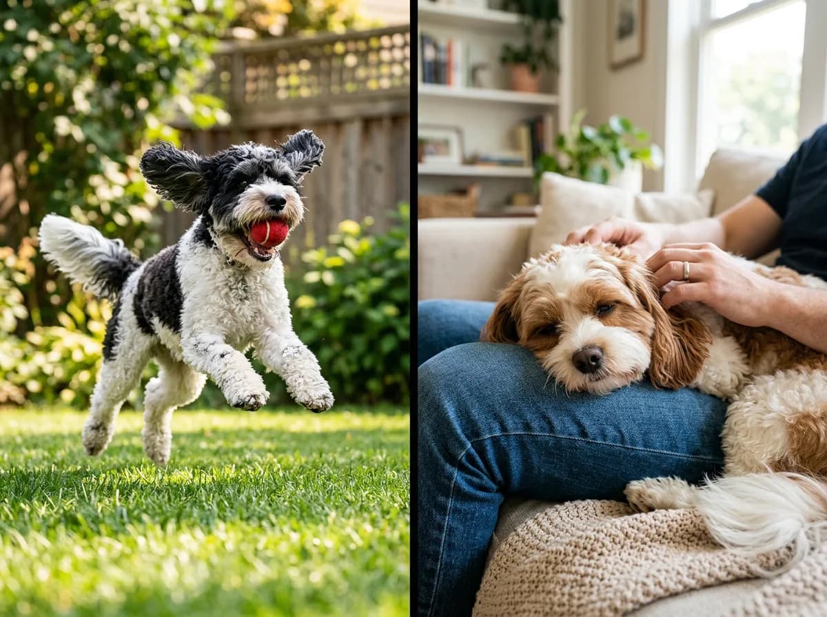 A parti Cockapoo leaping to catch a ball on the left and a Cavapoo dozing on a lap on the right, contrasting energetic and calm temperaments