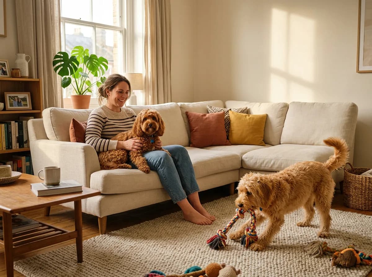 A family on a couch with a calm Cavapoo on a lap and an energetic Cockapoo playing on the rug nearby, illustrating choosing the breed that fits the home