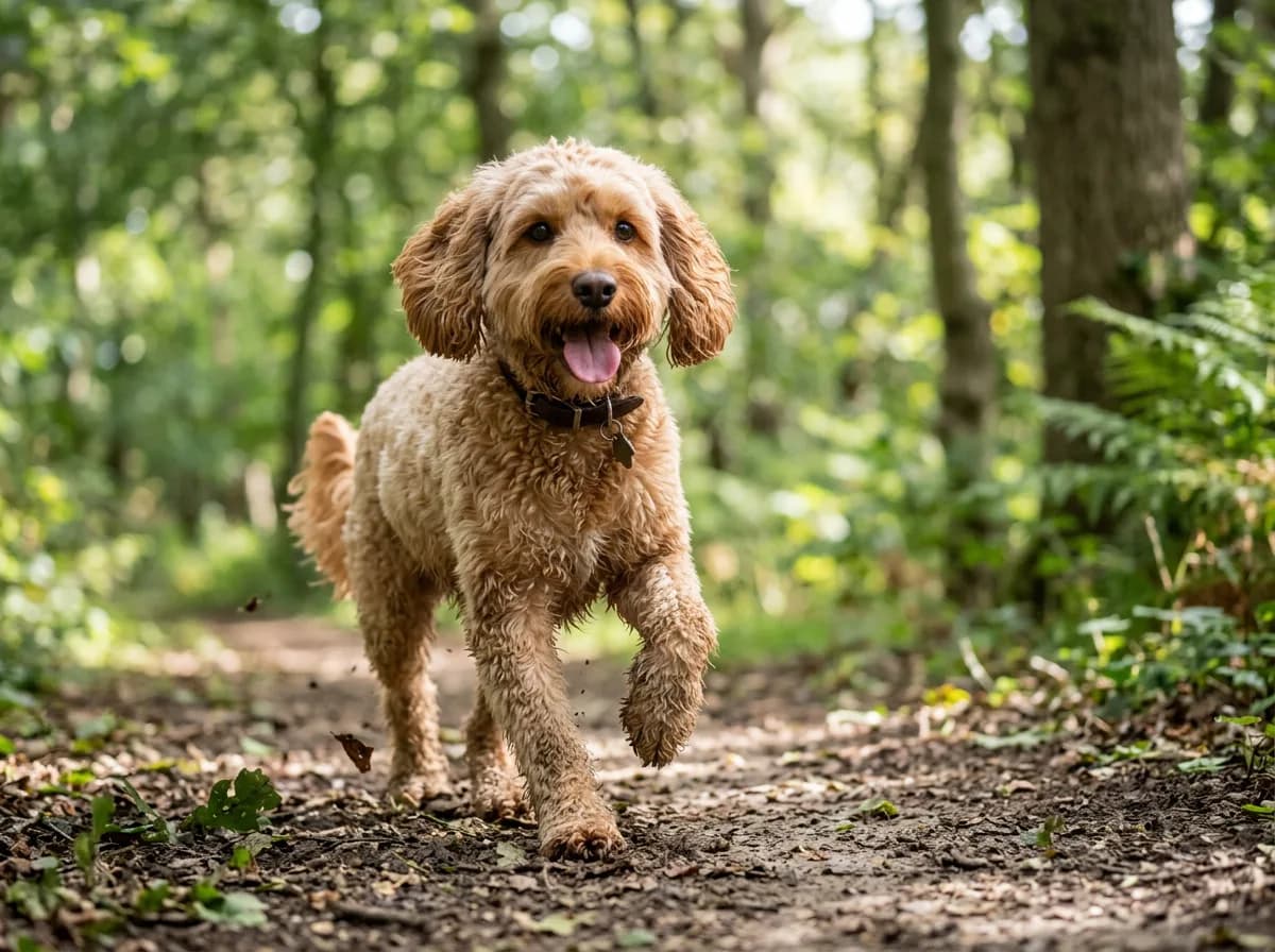 An apricot Cockapoo with a wavy coat trotting along a forest trail with its tongue out, showing the breed's energetic Cocker Spaniel side