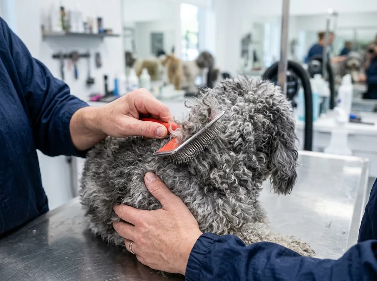 A groomer brushing out a gray-and-white doodle's thick curly coat with a slicker brush on a grooming table, illustrating the regular grooming both breeds need